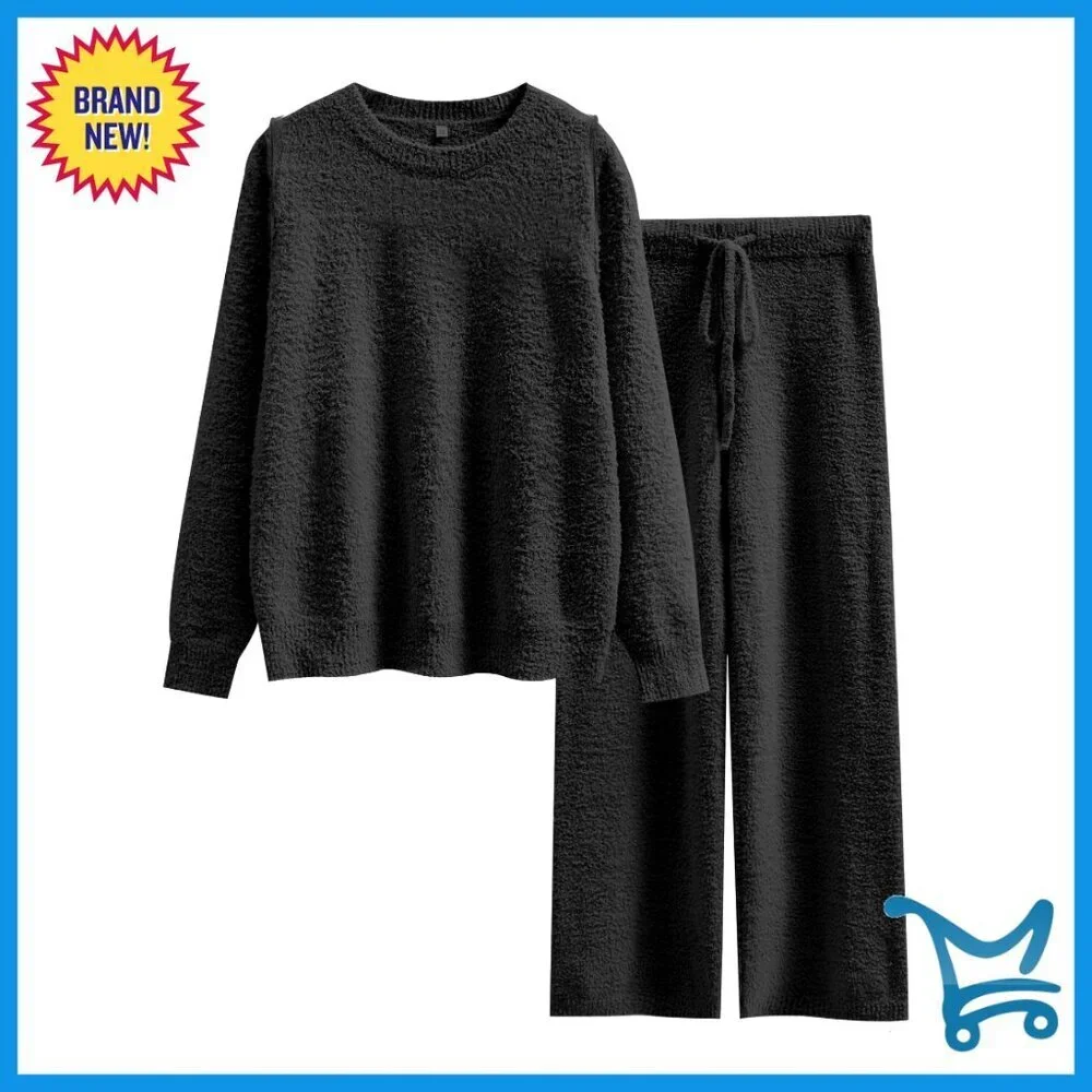 Fuzzy Fleece Pajama Set Loose Fit Lounge Wear Long Sleeve Wide Leg Pants
